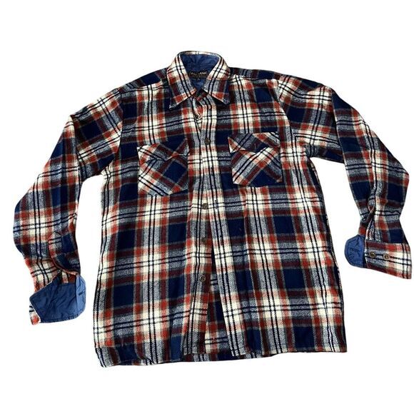 Woodland Men Size Med- 15-15.5 Virgin Acrylic Flannel Shirt Red Blue White Plaid - Picture 2 of 9